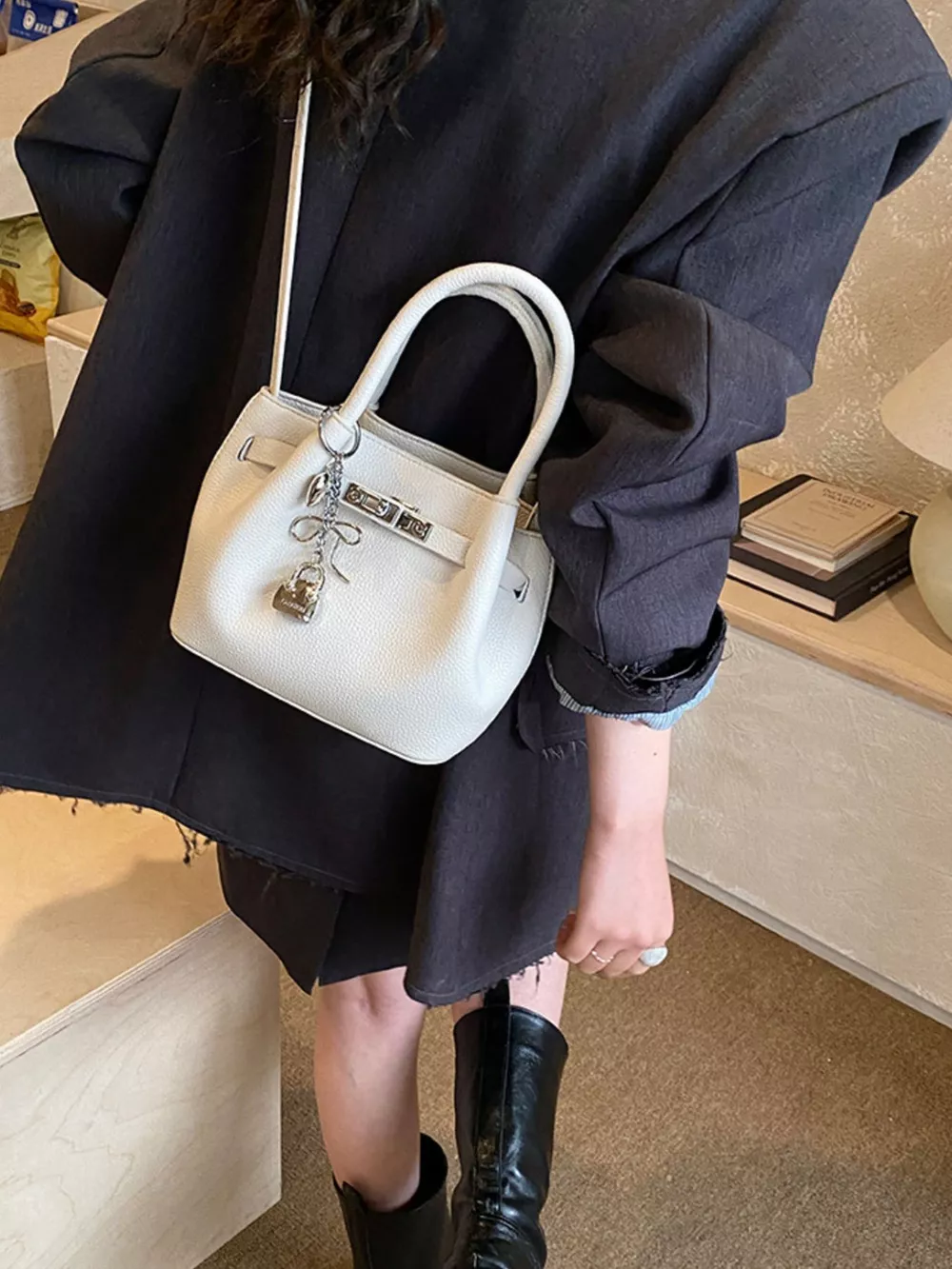 Leather Crossbody Bag with Lock Detail, image 7
