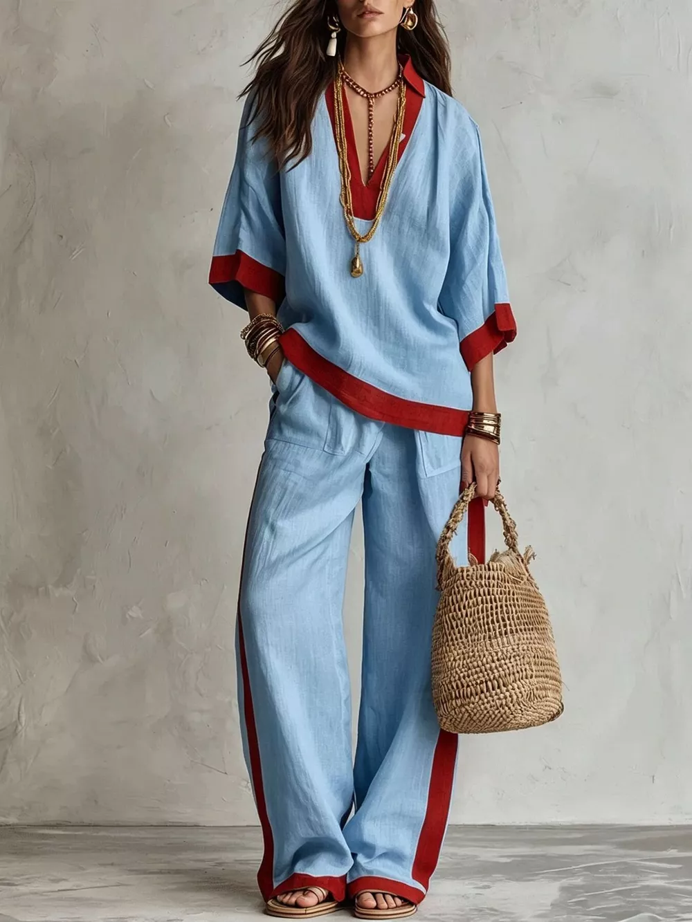 Full Size Contrast Trim Top and Wide Leg Pants Set Plus Size, image 4