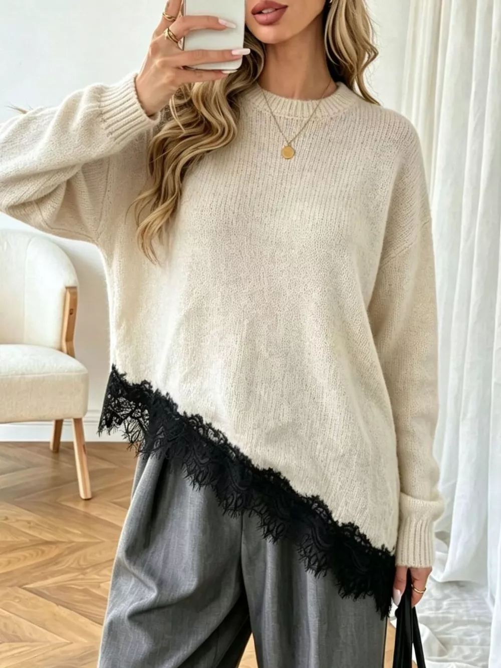 Round Neck Sweater with Asymmetric Lace Hem, image 4