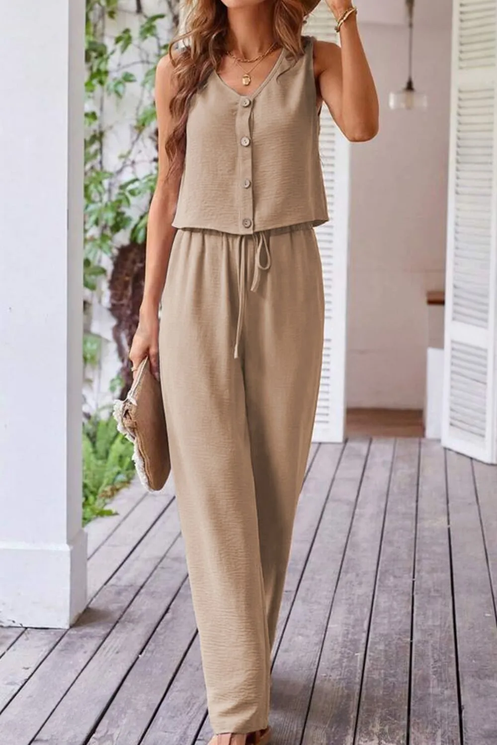 Button Down Vest and Drawstring Wide Leg Pants Set, image 2