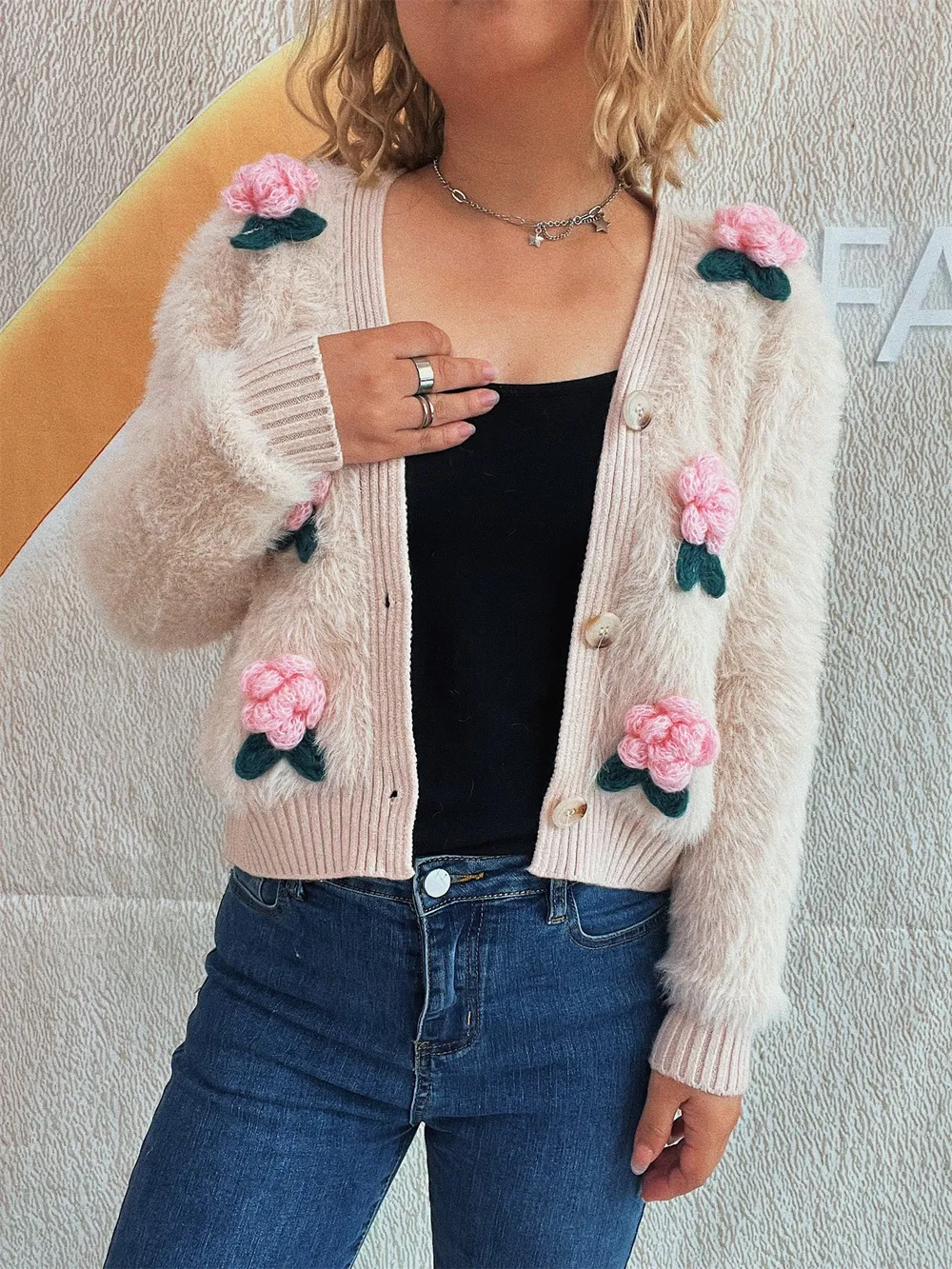 Flower Fuzzy Button-Up Cardigan, image 2