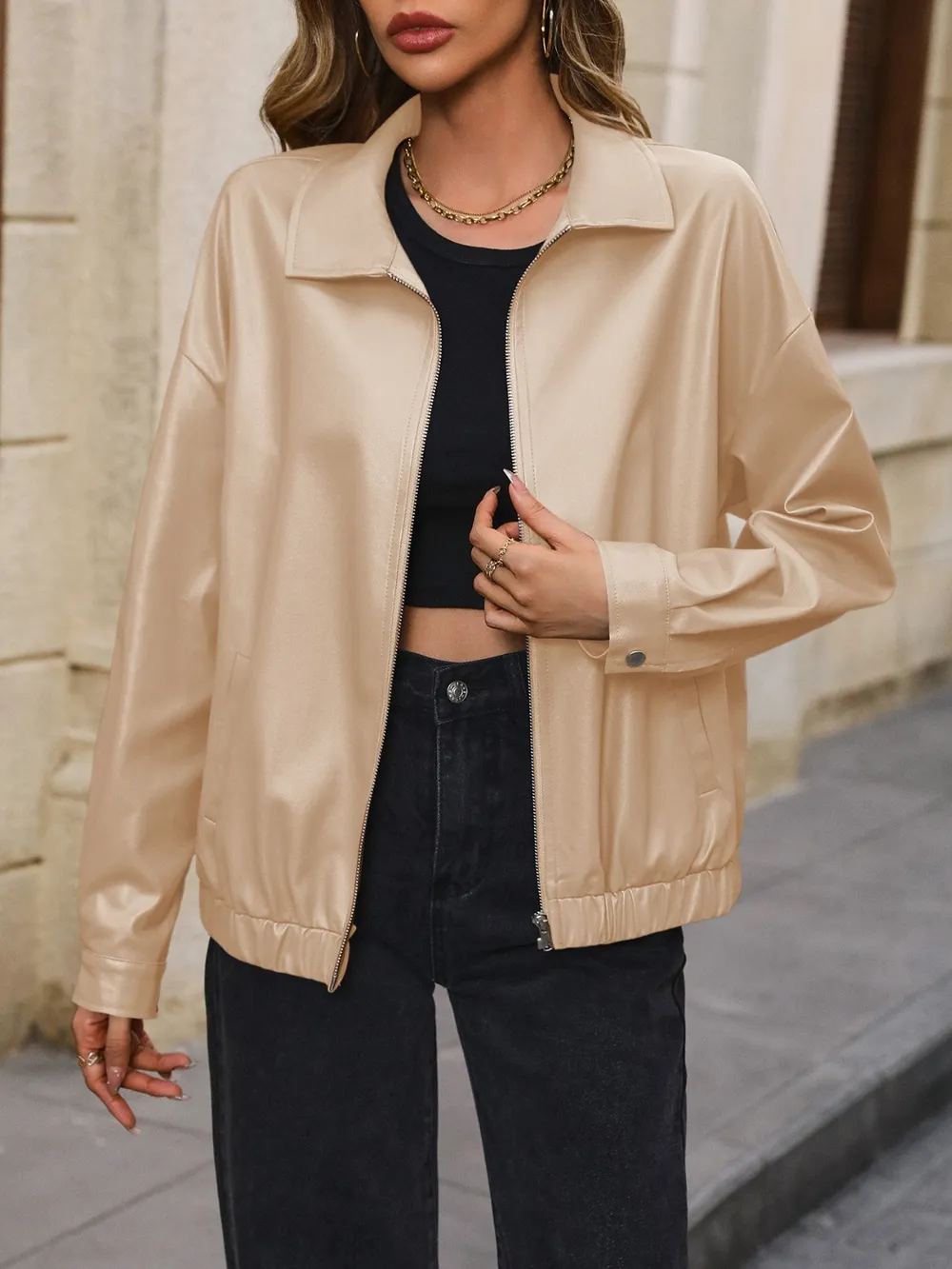 Pocketed Zip Up Collared Neck Jacket, image 2