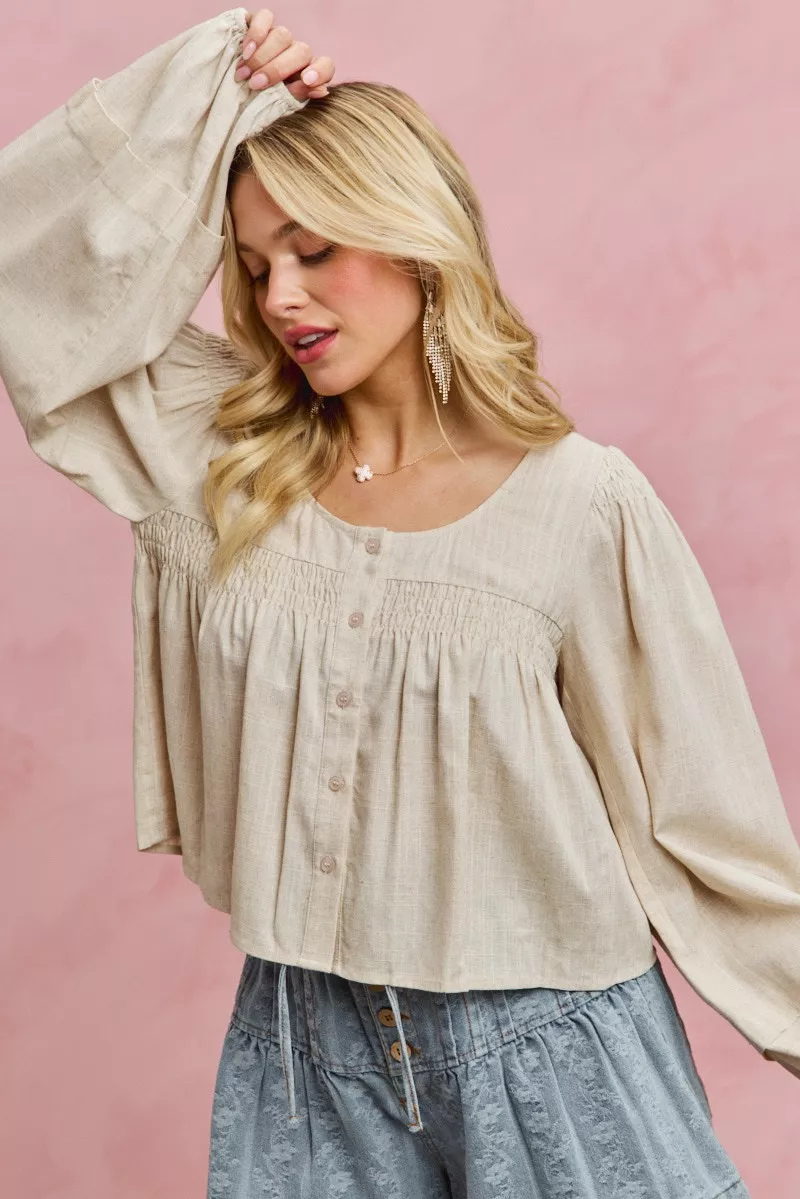 Linen Blend Woven Long Sleeve With Smocking Top, image 6