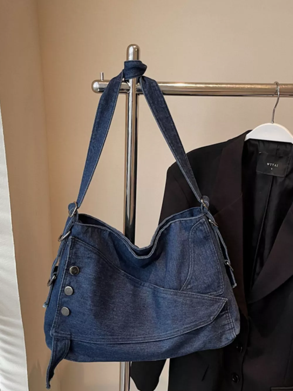 Casual Denim Crossbody Bag with Button Detail, image 7