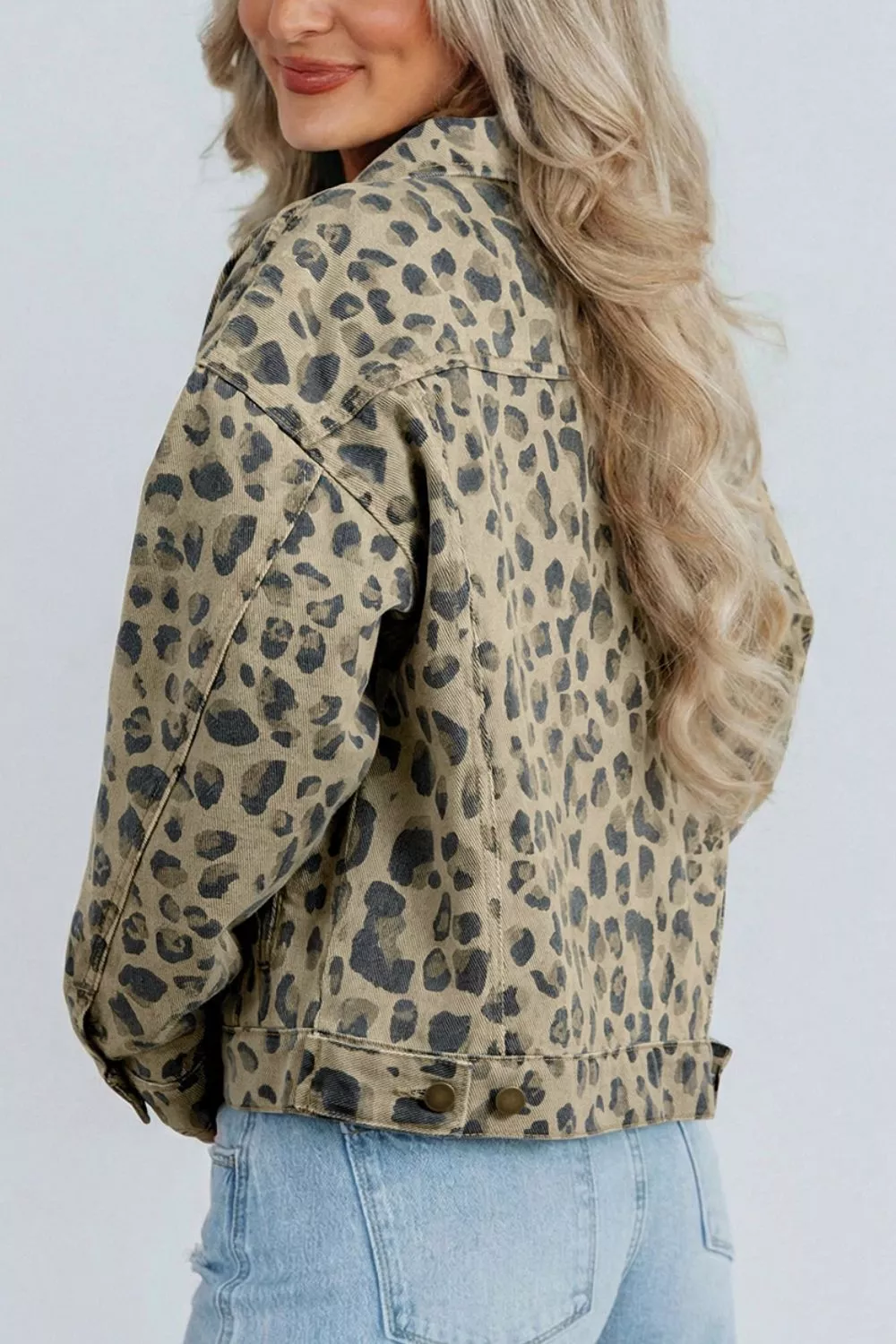 Leopard Print Seam Detail Button Down Denim Jacket, image 2