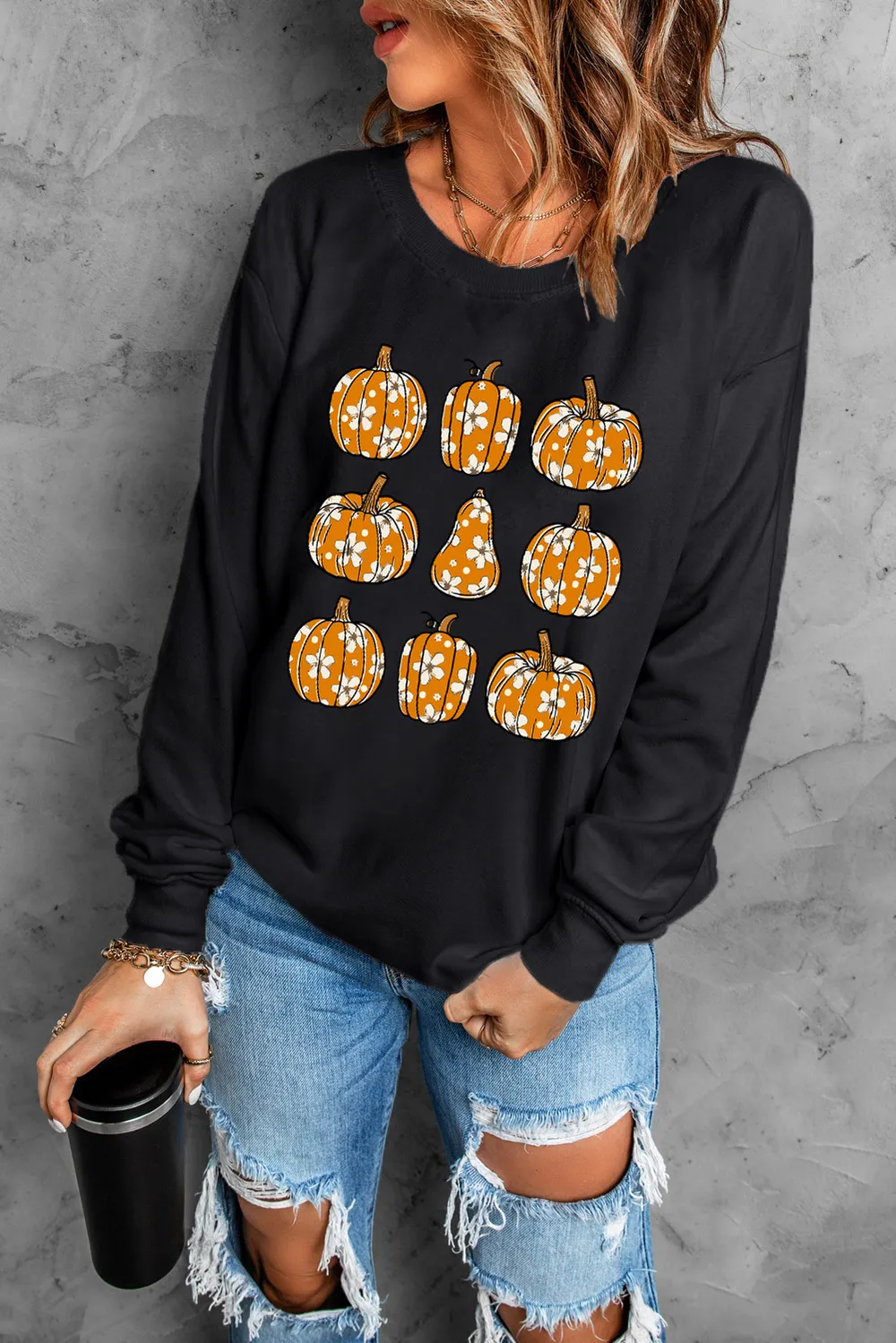 Pumpkin Round Neck Long Sleeve Sweatshirt, image 2