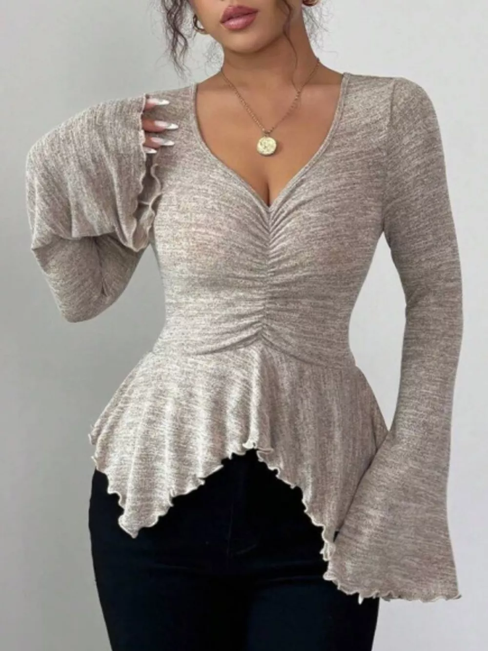 Ruched Flared Sleeves Peplum T-Shirt, image 9