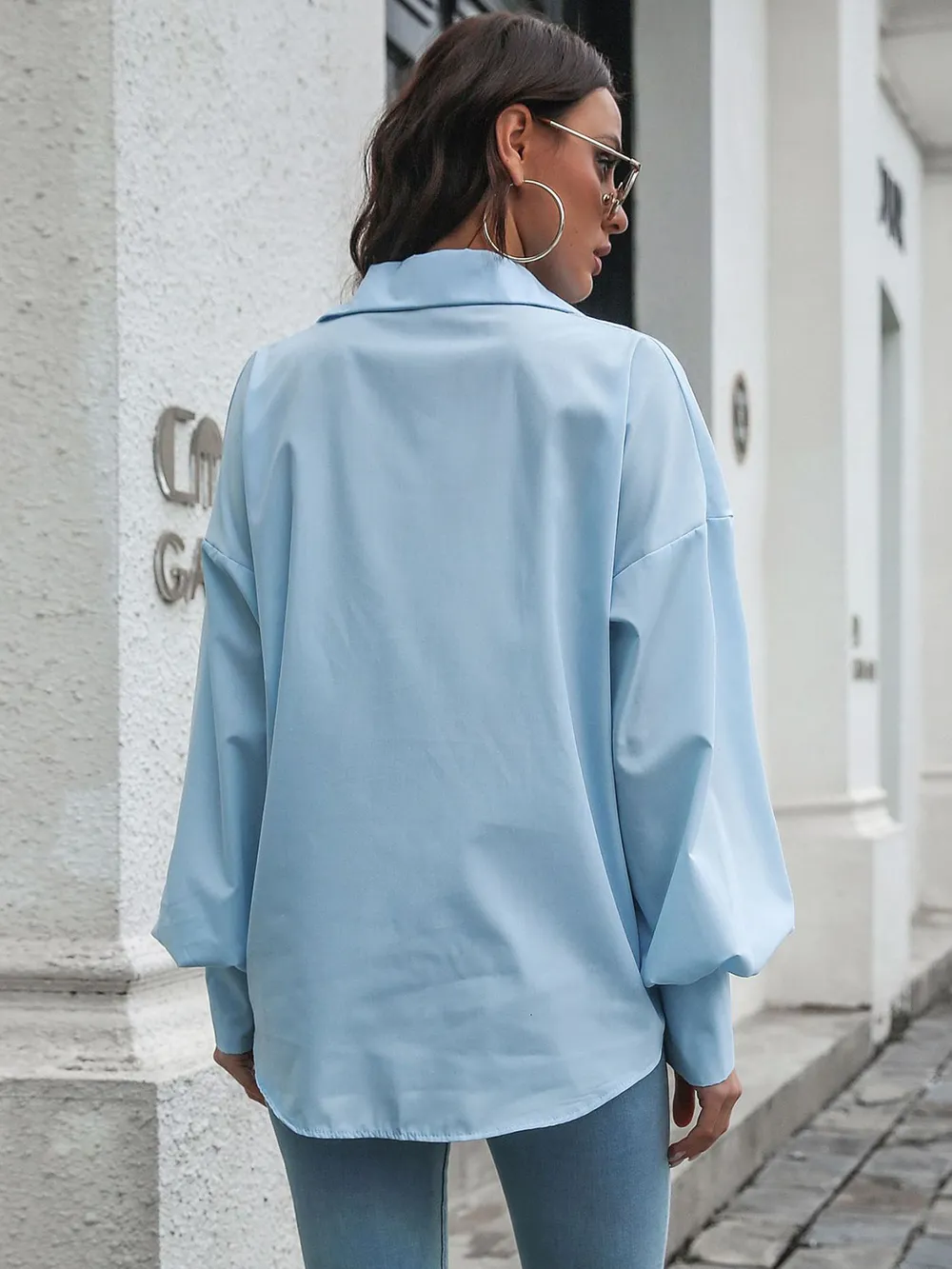 Button Up Dropped Shoulder Lantern Sleeve Shirt, image 3