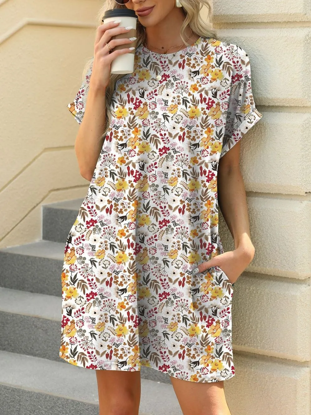 Printed Round Neck Short Sleeve Mini Dress, image 2
