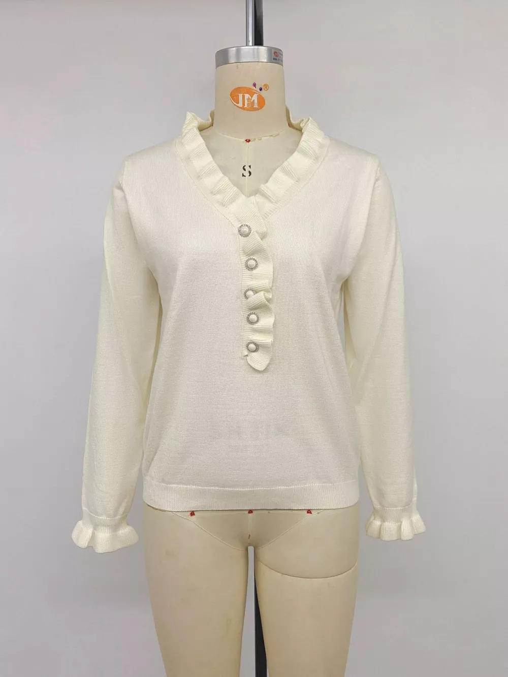 Ruffle Trim Pearl Button V-Neck Knit Top, image 13