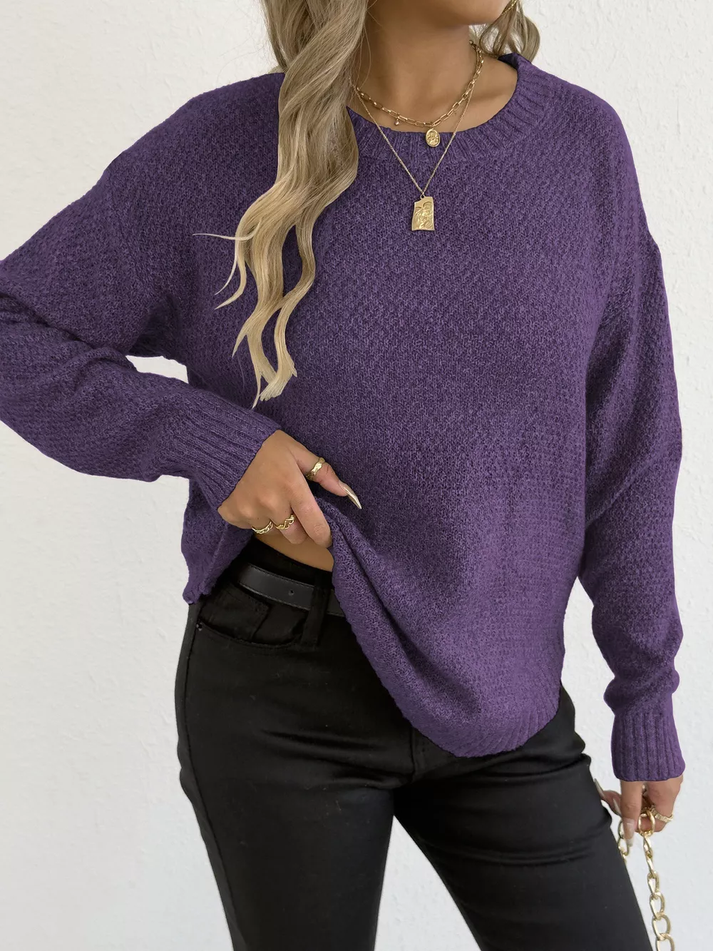 Textured Knit Relaxed Fit Round Neck Sweater, image 29
