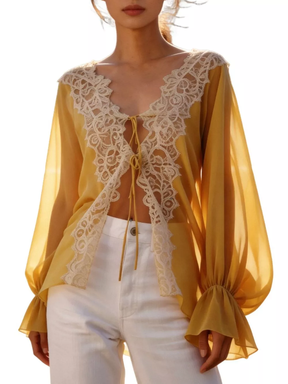 Sheer Lace-Trimmed Front Tie Blouse, image 6
