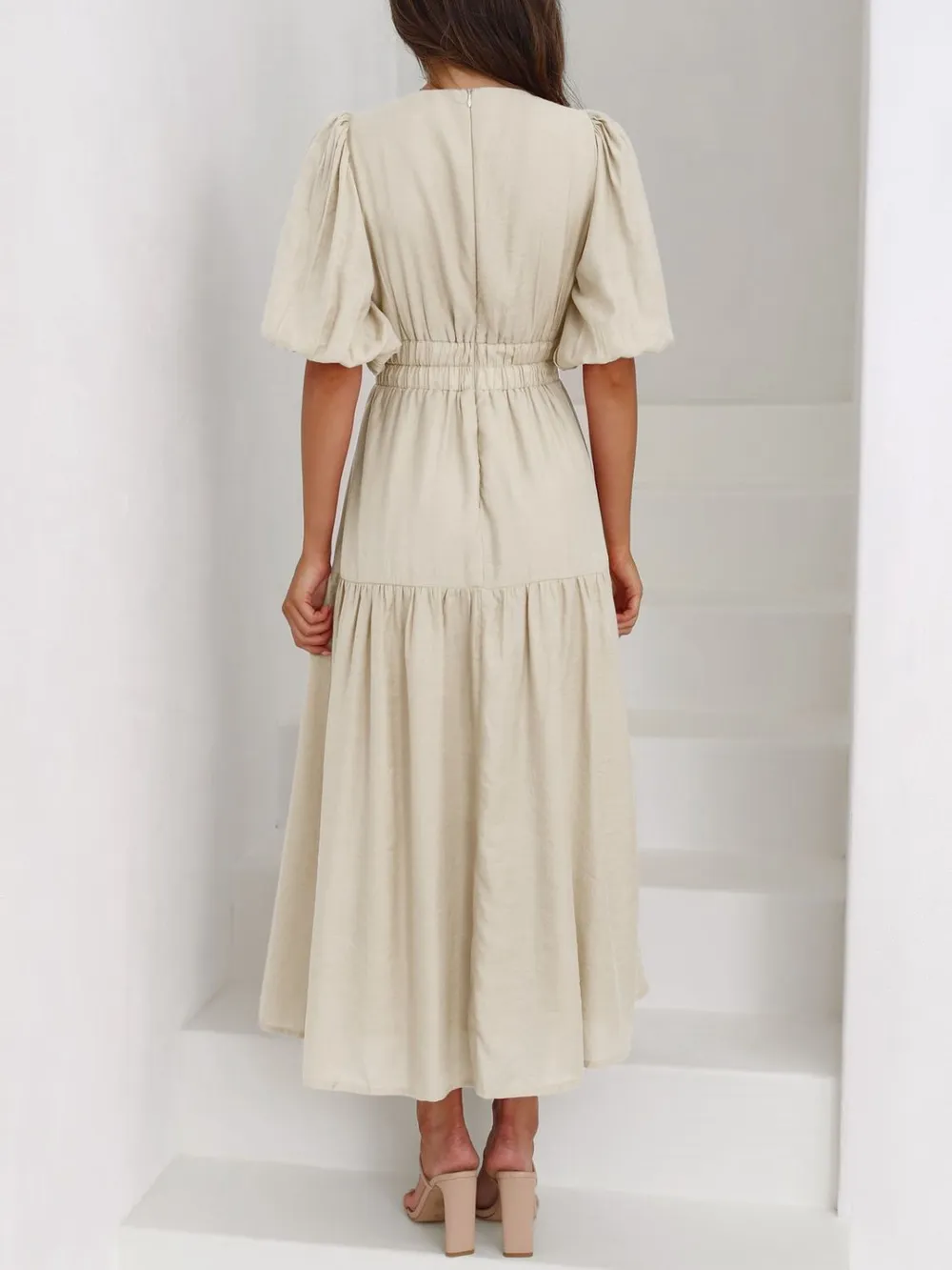 V-Neck Puff Sleeve Midi Dress, image 4
