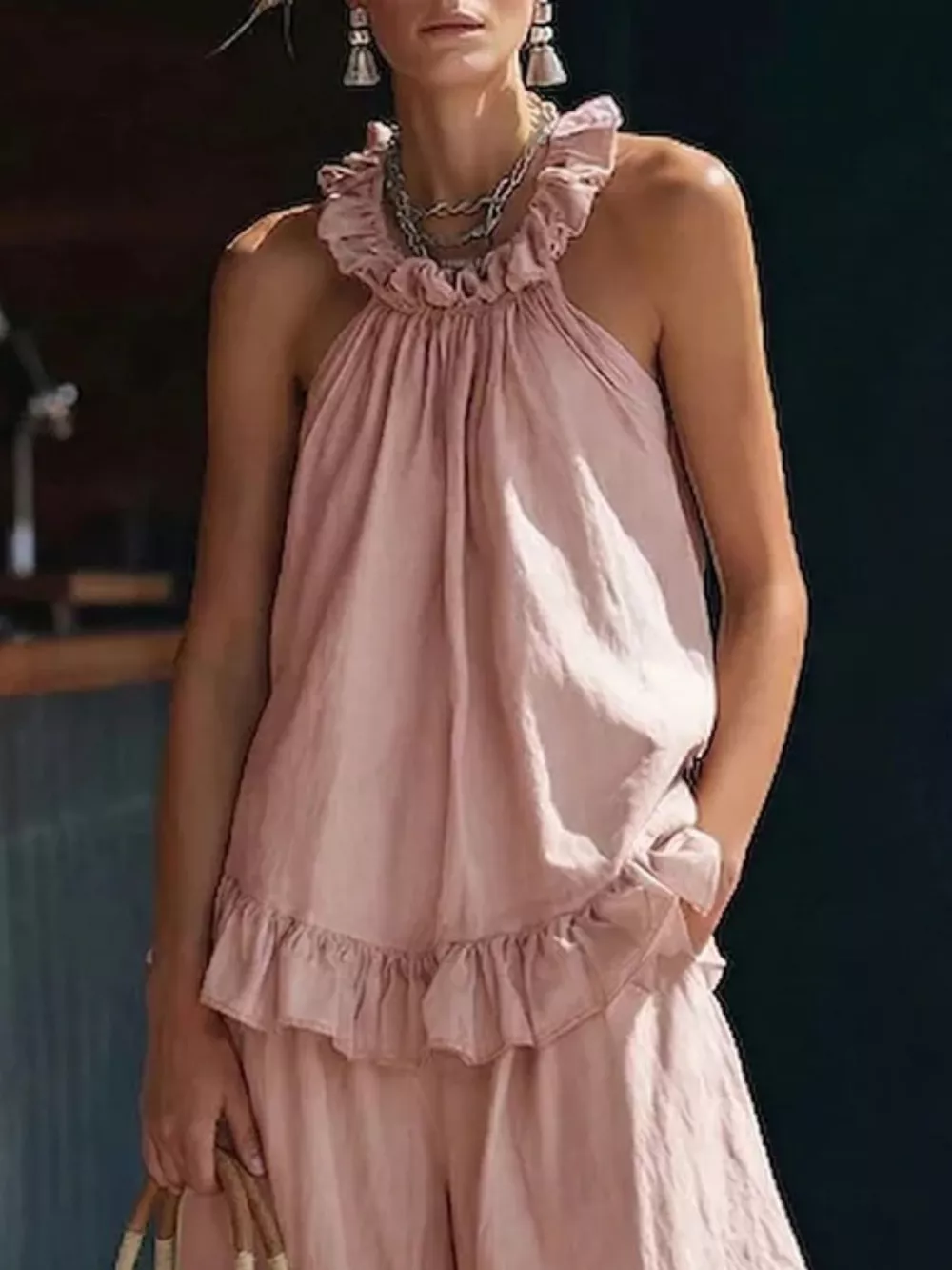 Full Size Ruffled Halter Neck Top and Wide-Leg Pants Set Plus Size, image 8