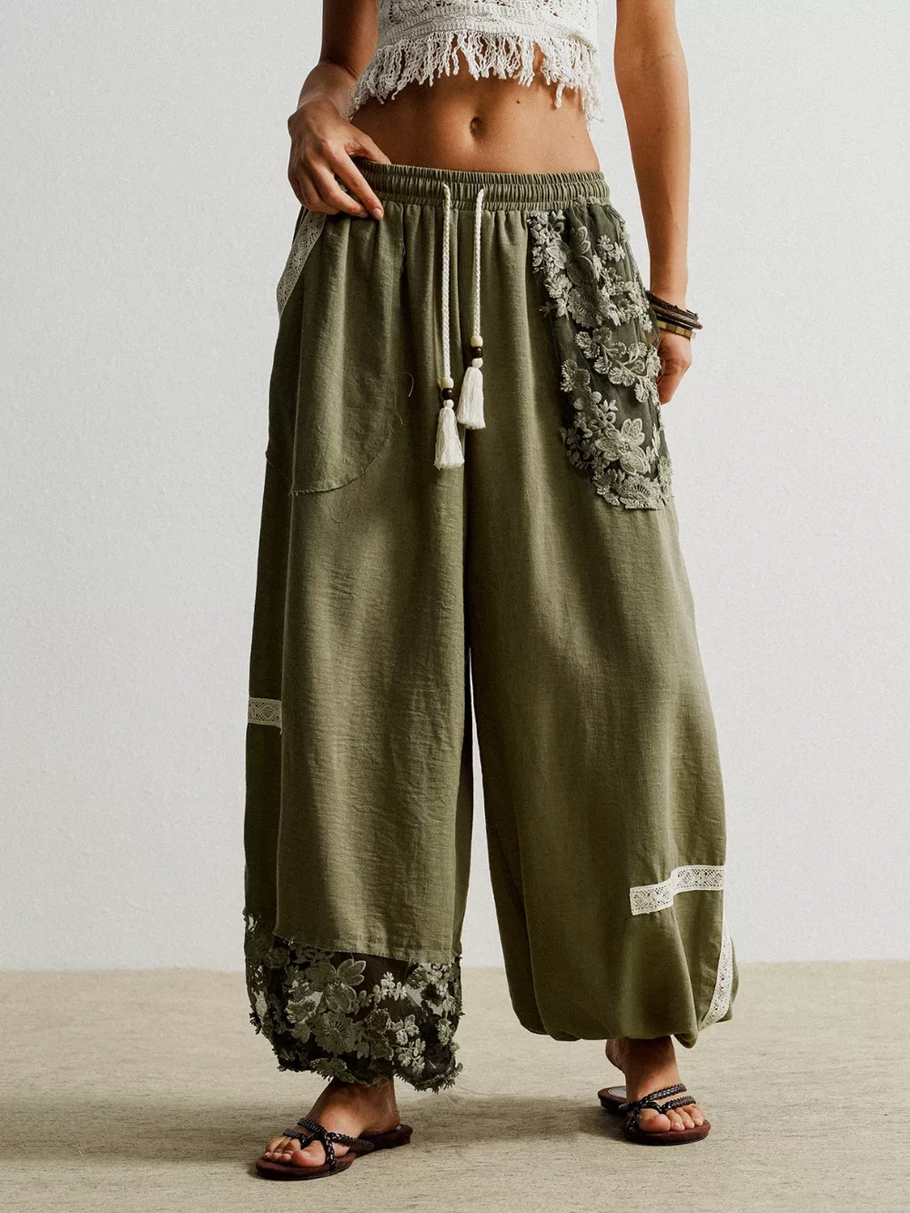 Lace Detail Drawstring Harem Pants, image 2