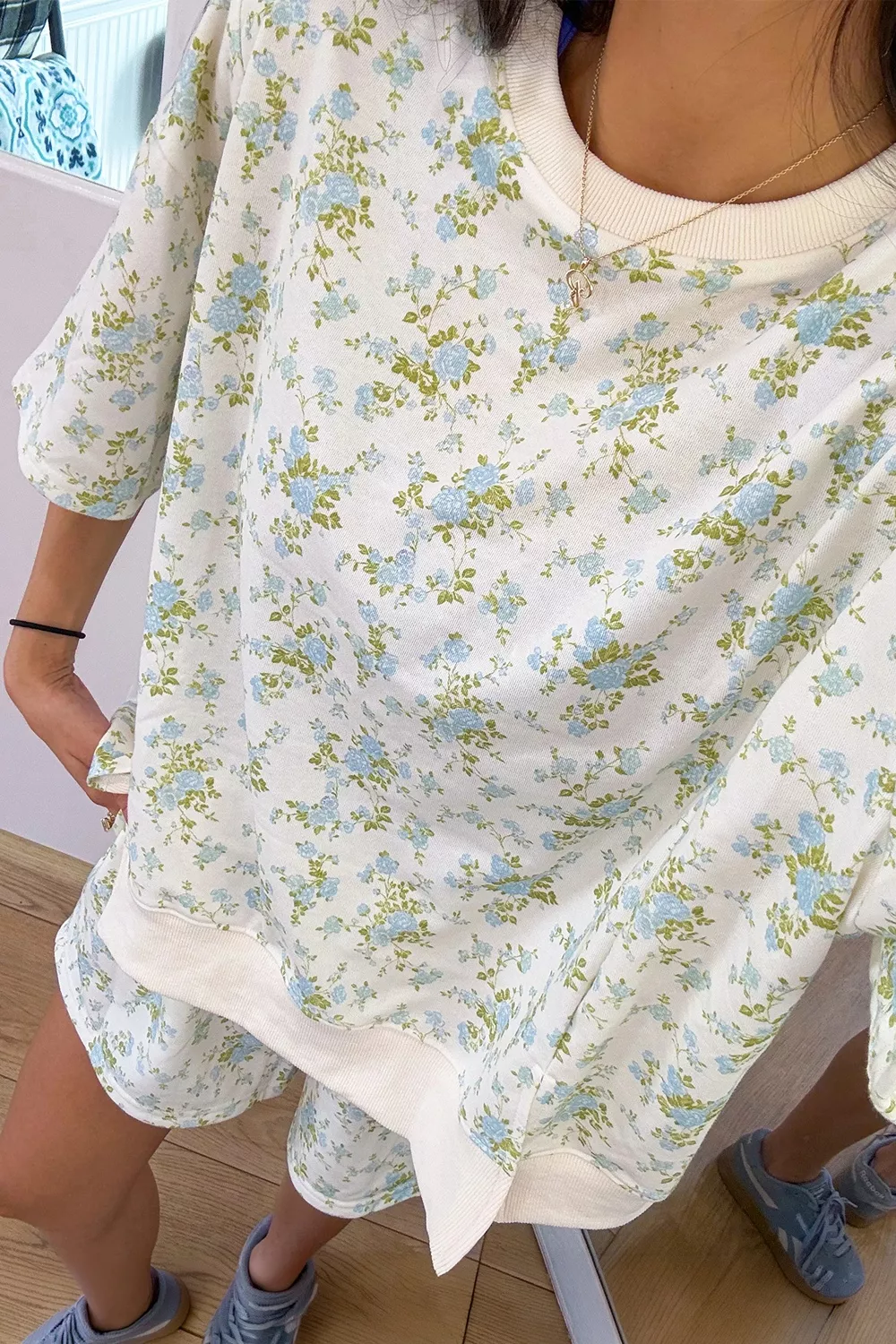 Floral Print Long Sleeve Shift Top Pocketed Shorts 2pcs Set, image 4
