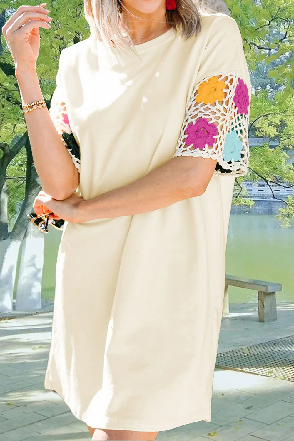 Openwork Crochet Round Neck Half Sleeve Dress, image 2