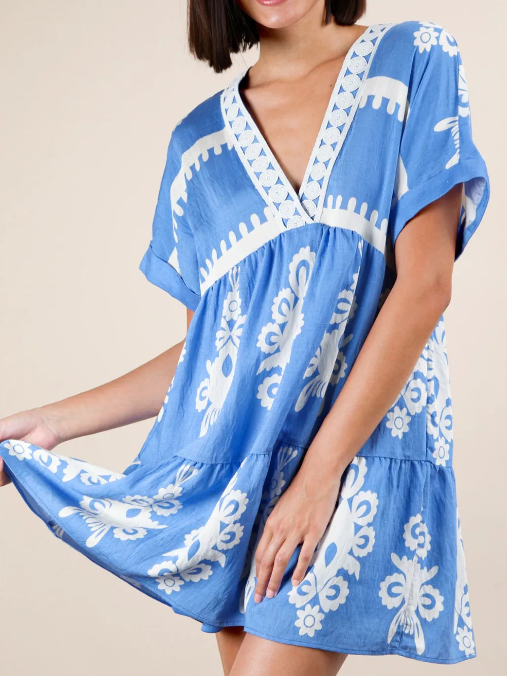 Printed V-Neck Short Sleeve Mini Dress, image 16