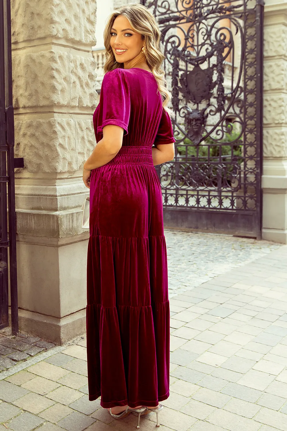 Tiered Notched Short Sleeve Dress with Pockets, image 2