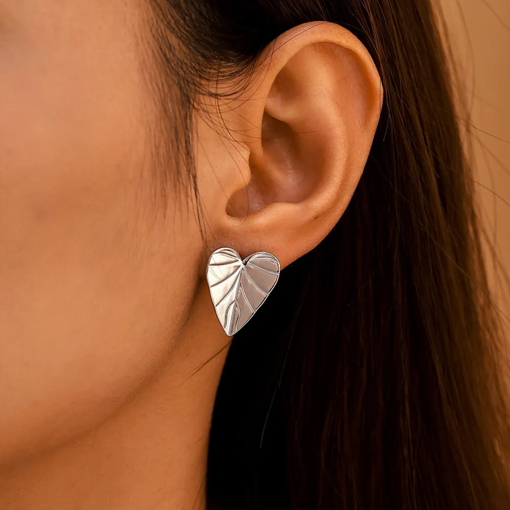 Stainless Steel Heart Leaf Stud Earring, image 4