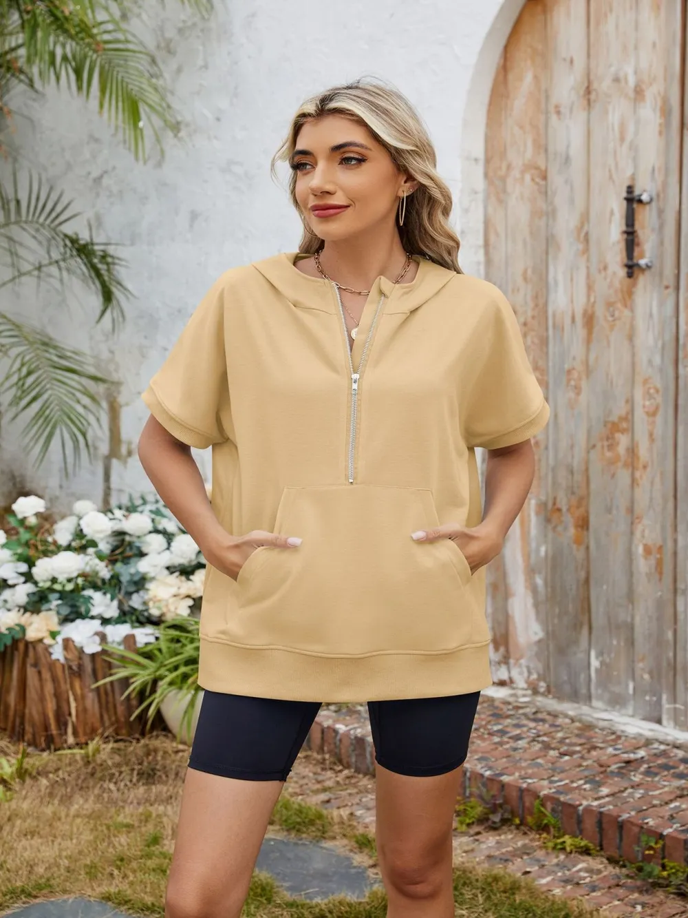 Half Zip Short Sleeve Hooded Top, image 10