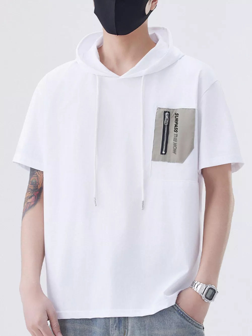 Men's Plus Size Drawstring Short Sleeve Hooded Top, image 9