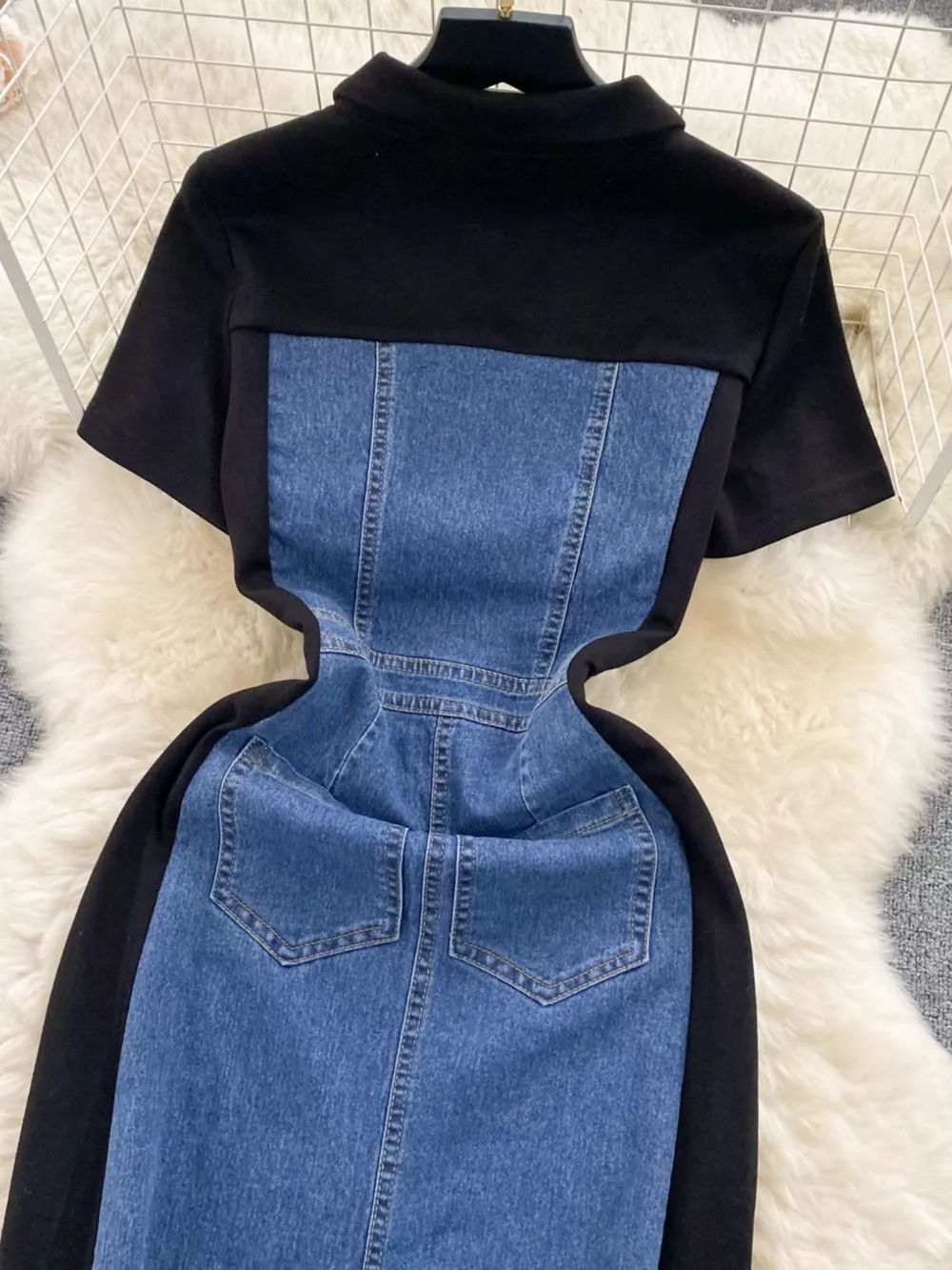 Full Size Color Block Denim Patchwork Bodycon Mini Dress Plus Size, image 7