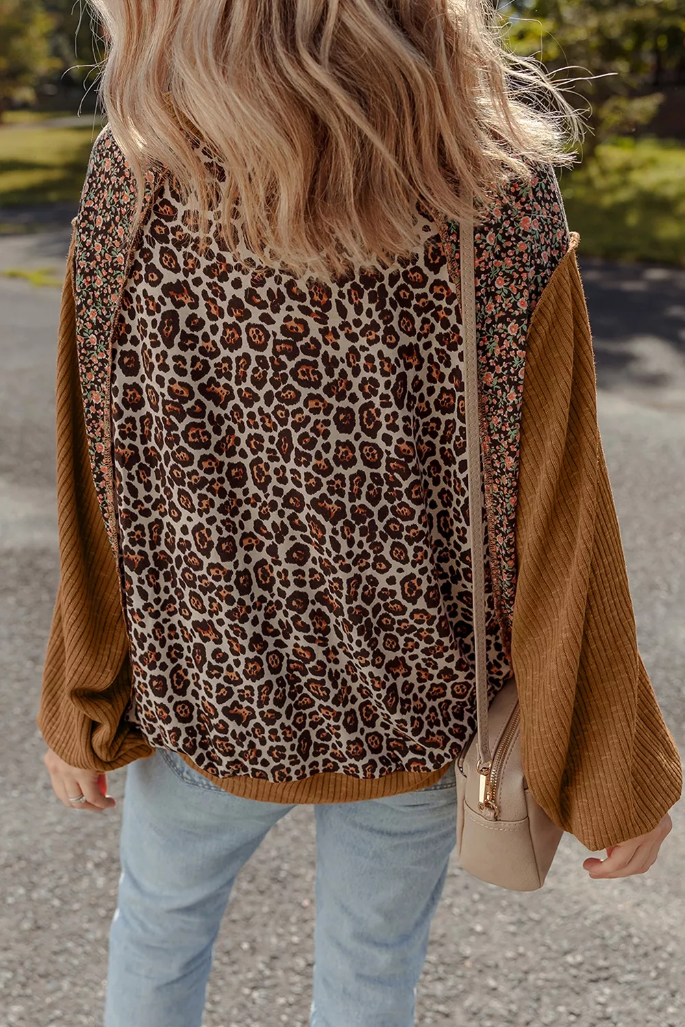 Leopard Floral Print Ribbed Puff Sleeve Patchwork Loose Sweatshirt, image 2