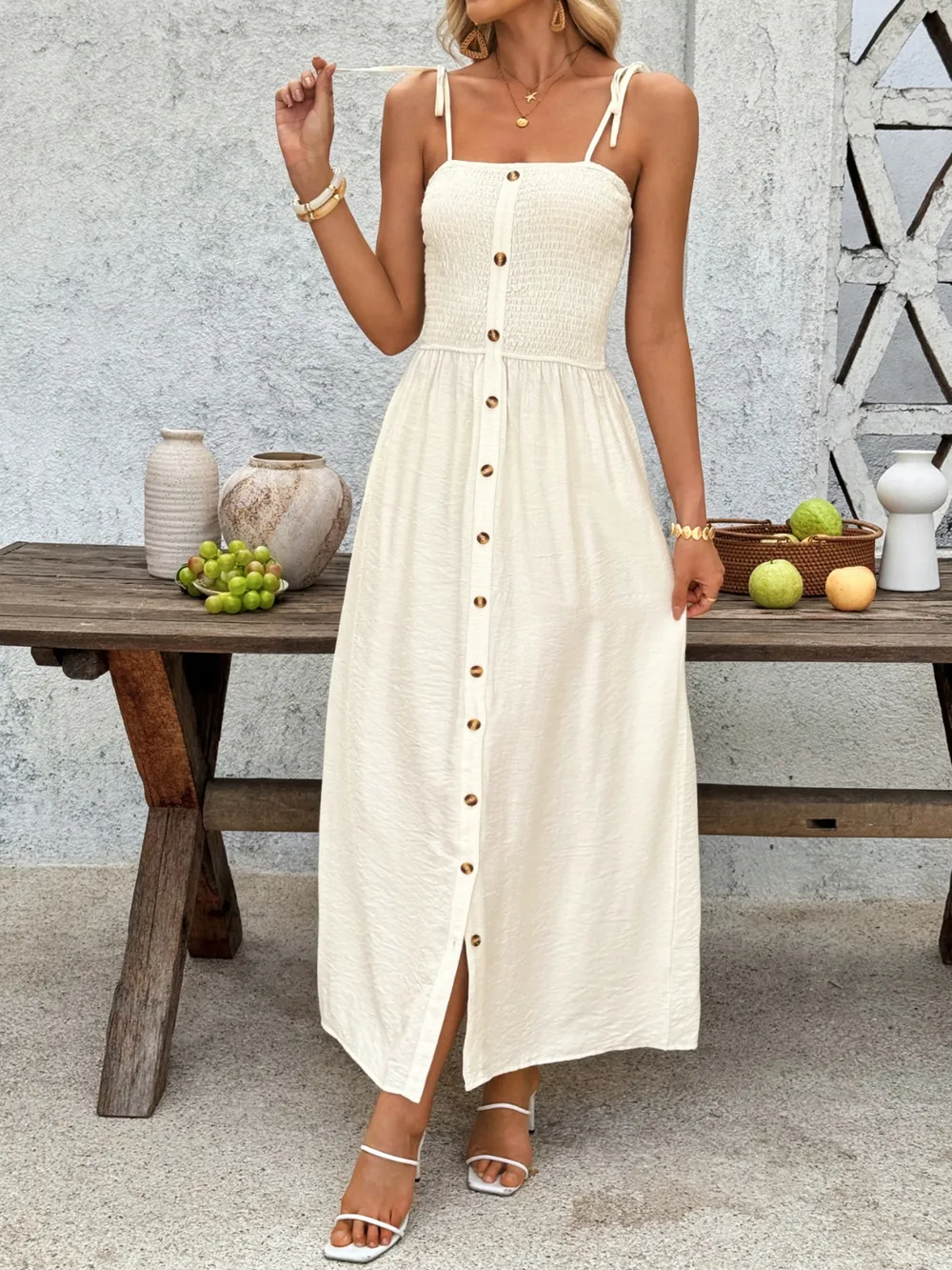 Smocked Button Front Tie Shoulder Dress, image 3