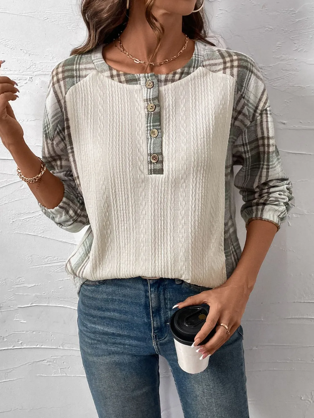 Plaid Half Button Long Sleeve T-Shirt, image 2