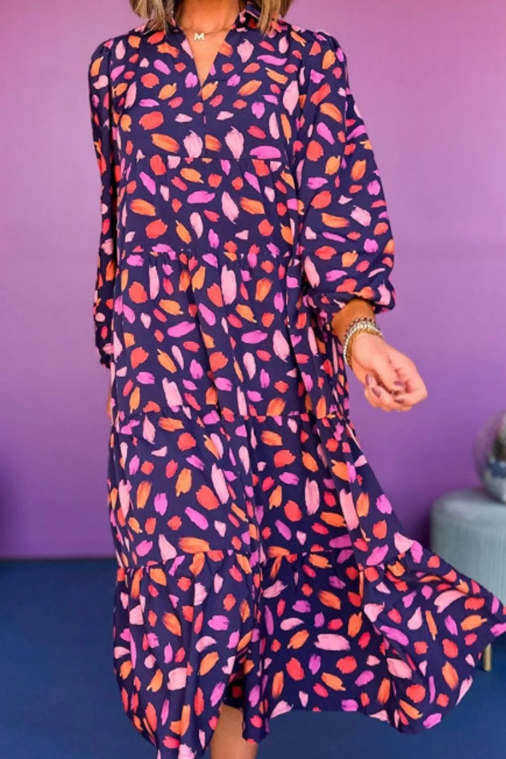 Printed Notched Long Sleeve Dress, image 2
