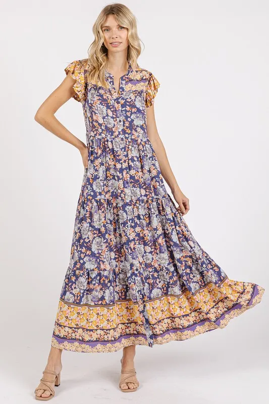Floral Ruffled Notched Cap Sleeve Maxi Dress