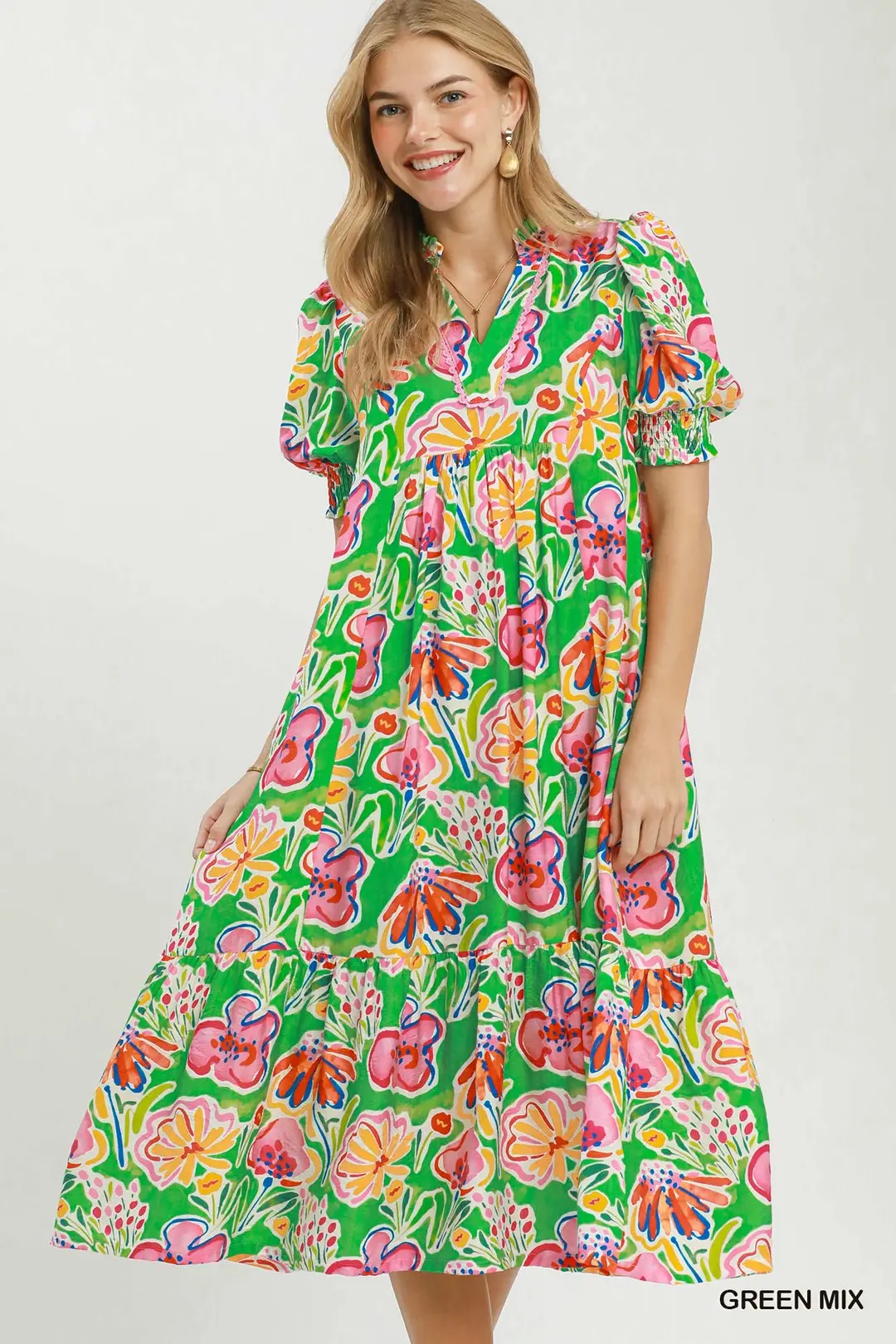 Floral Print Puff Sleeve Tiered Midi Dress