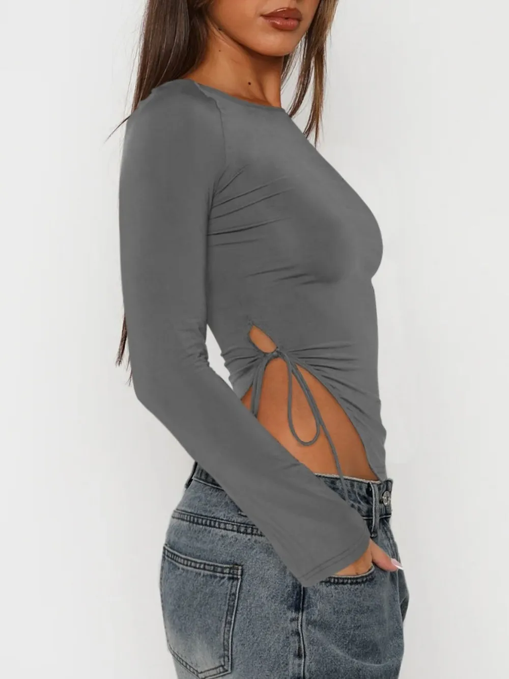 Tied Slit Round Neck Long Sleeve T-Shirt, image 10