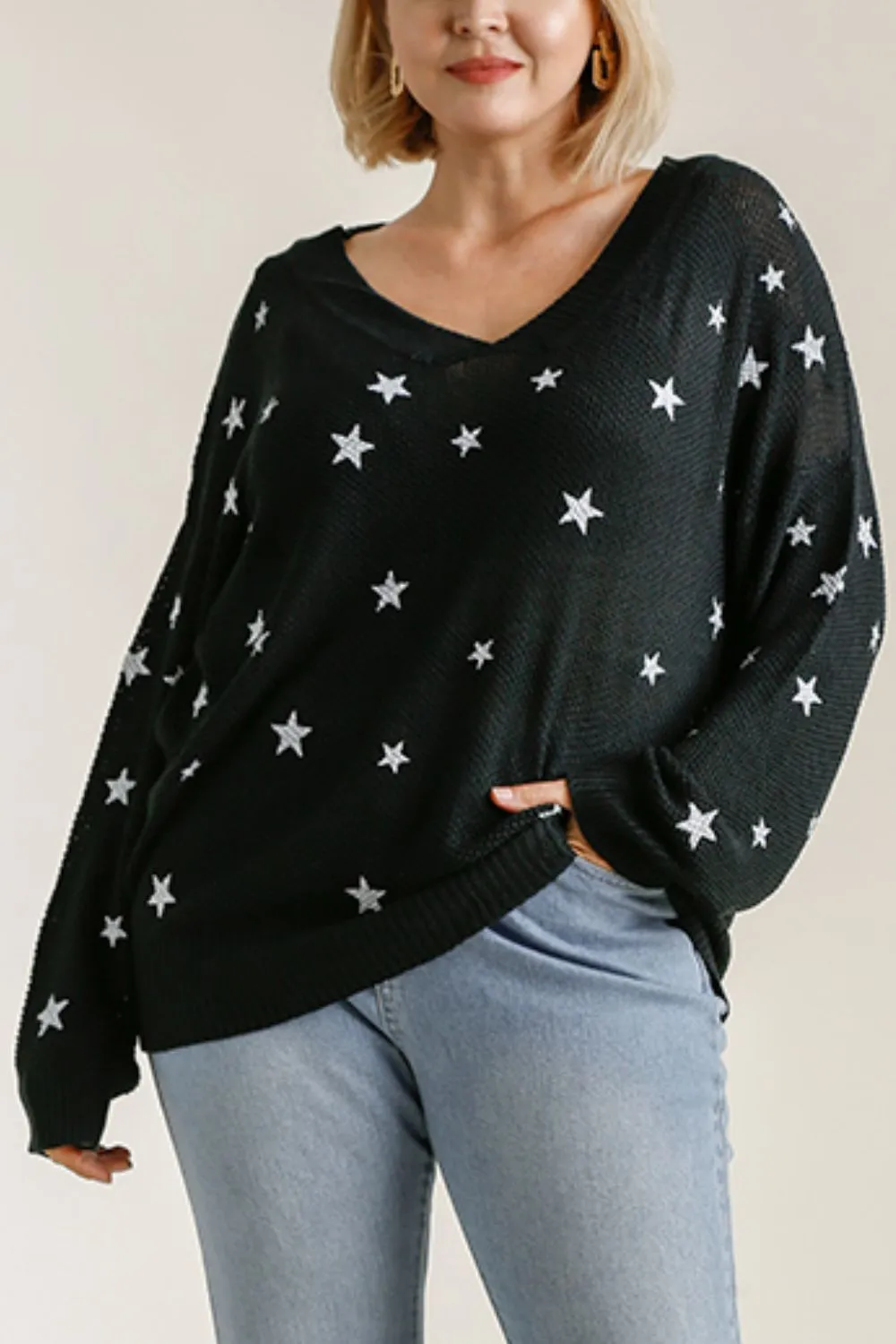 Full Size Star V-Neck Long Sleeve Sweater Plus Size, image 3