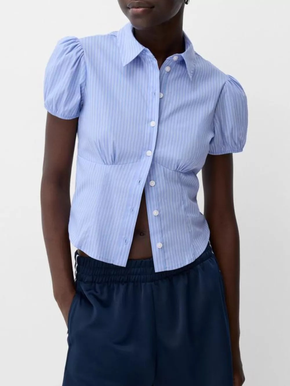 Striped Button Up Puff Sleeve Shirt, image 2