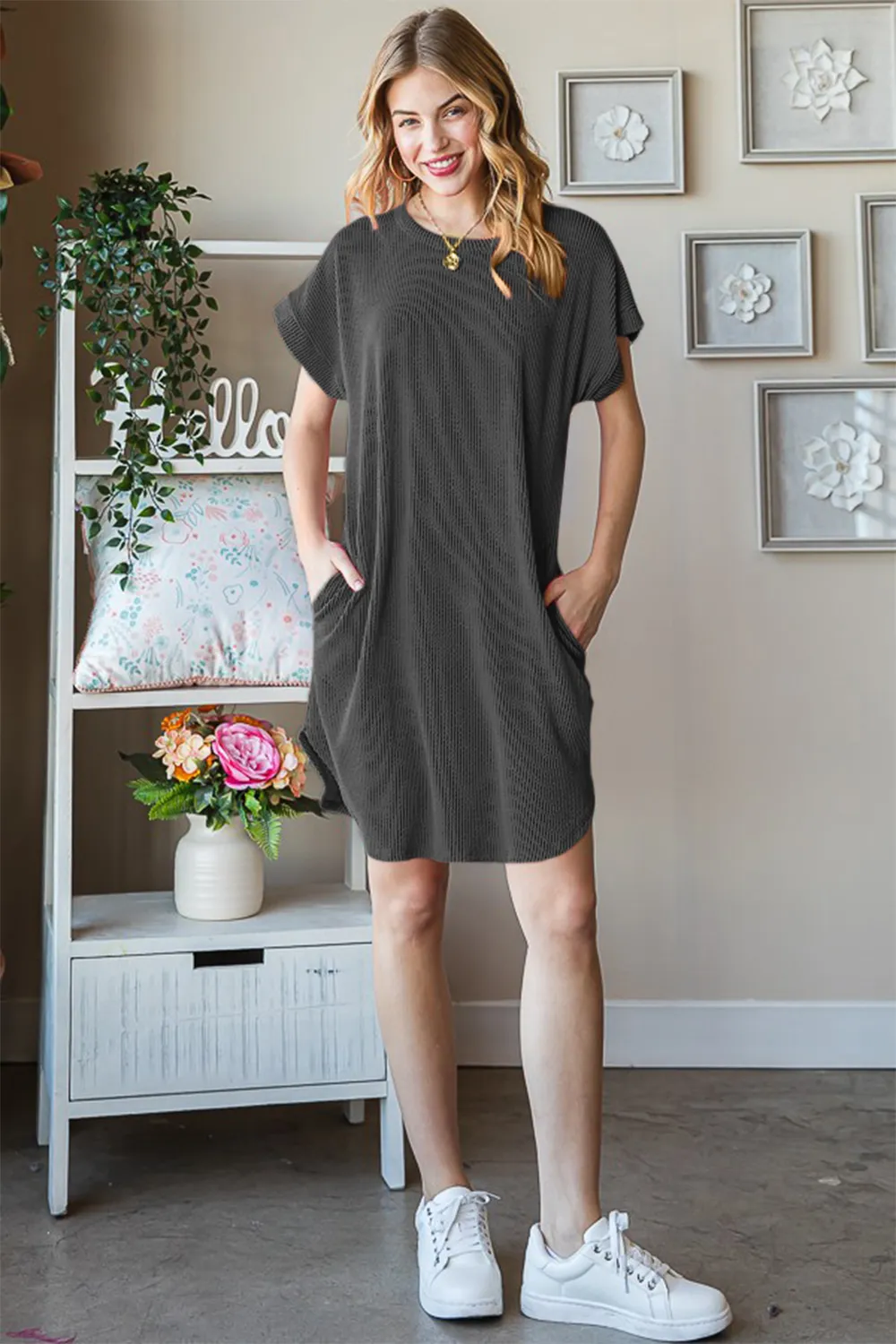 Full Size Ribbed Round Neck Short Sleeve Tee Dress, image 6