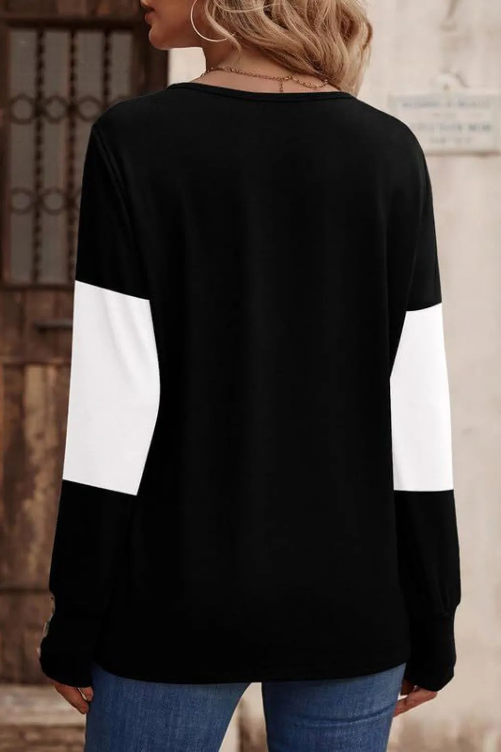 Decorative Button Contrast V-Neck Long Sleeve T-Shirt, image 4