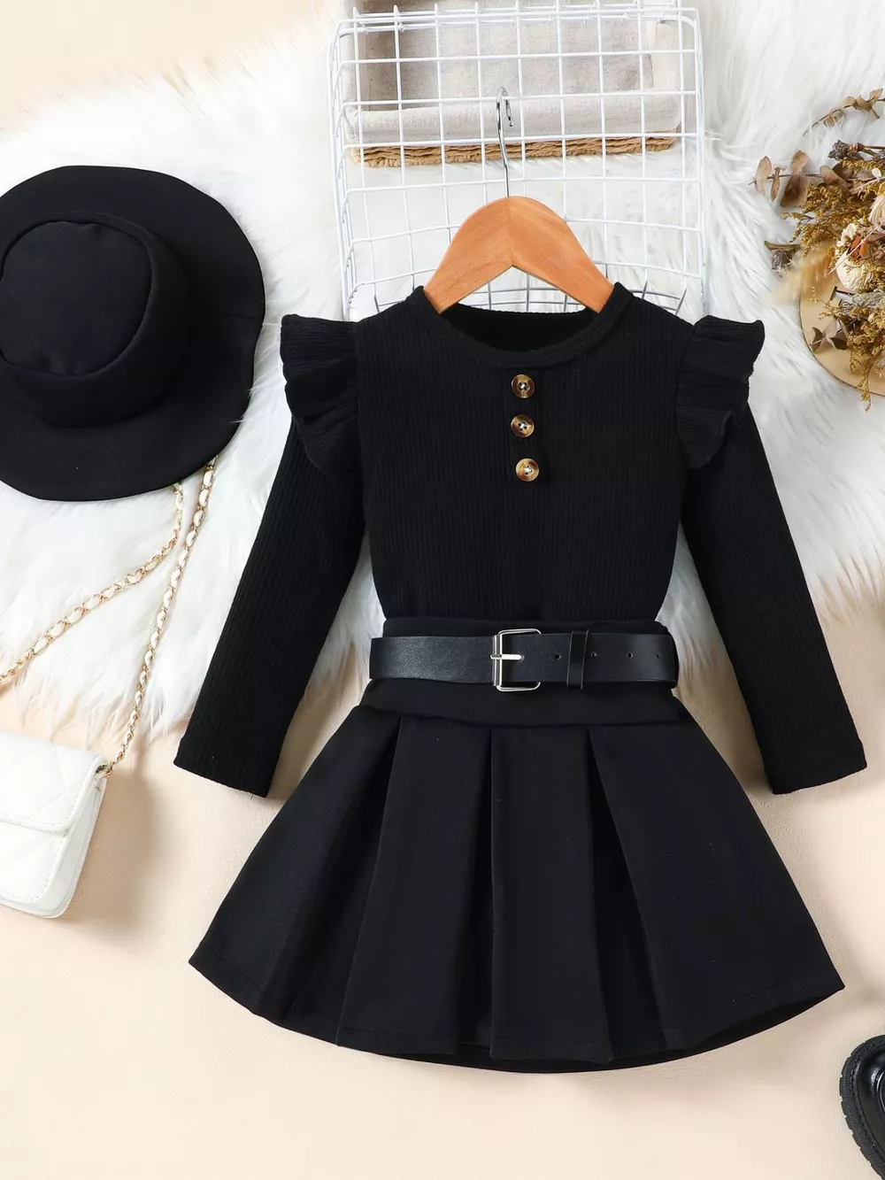 Children's Ruffle Sleeve Top & Pleated Skirt Set with Hat and Belt