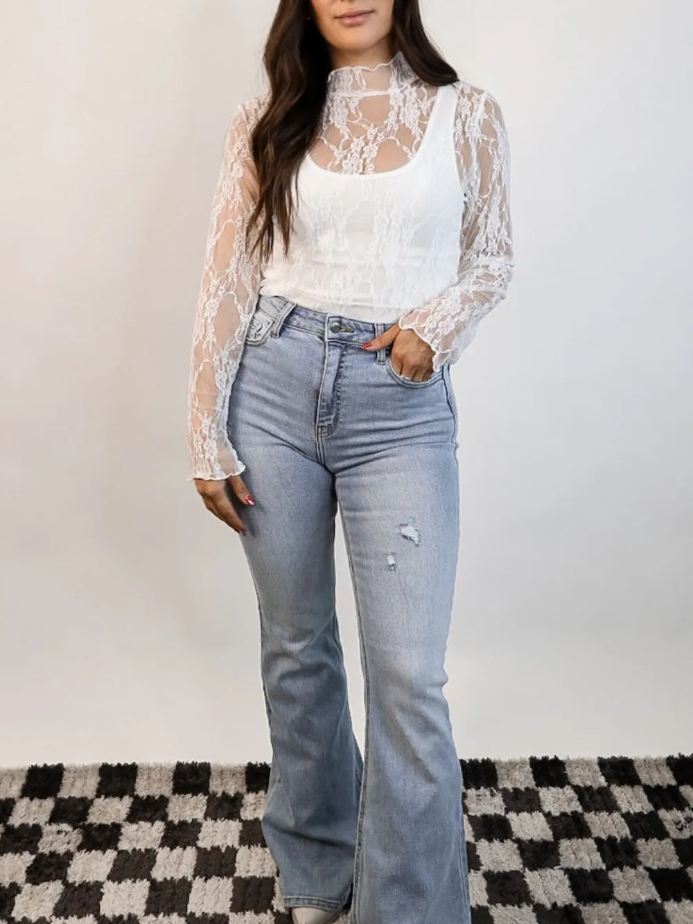 Lace Mock Neck Long Sleeve Top, image 3