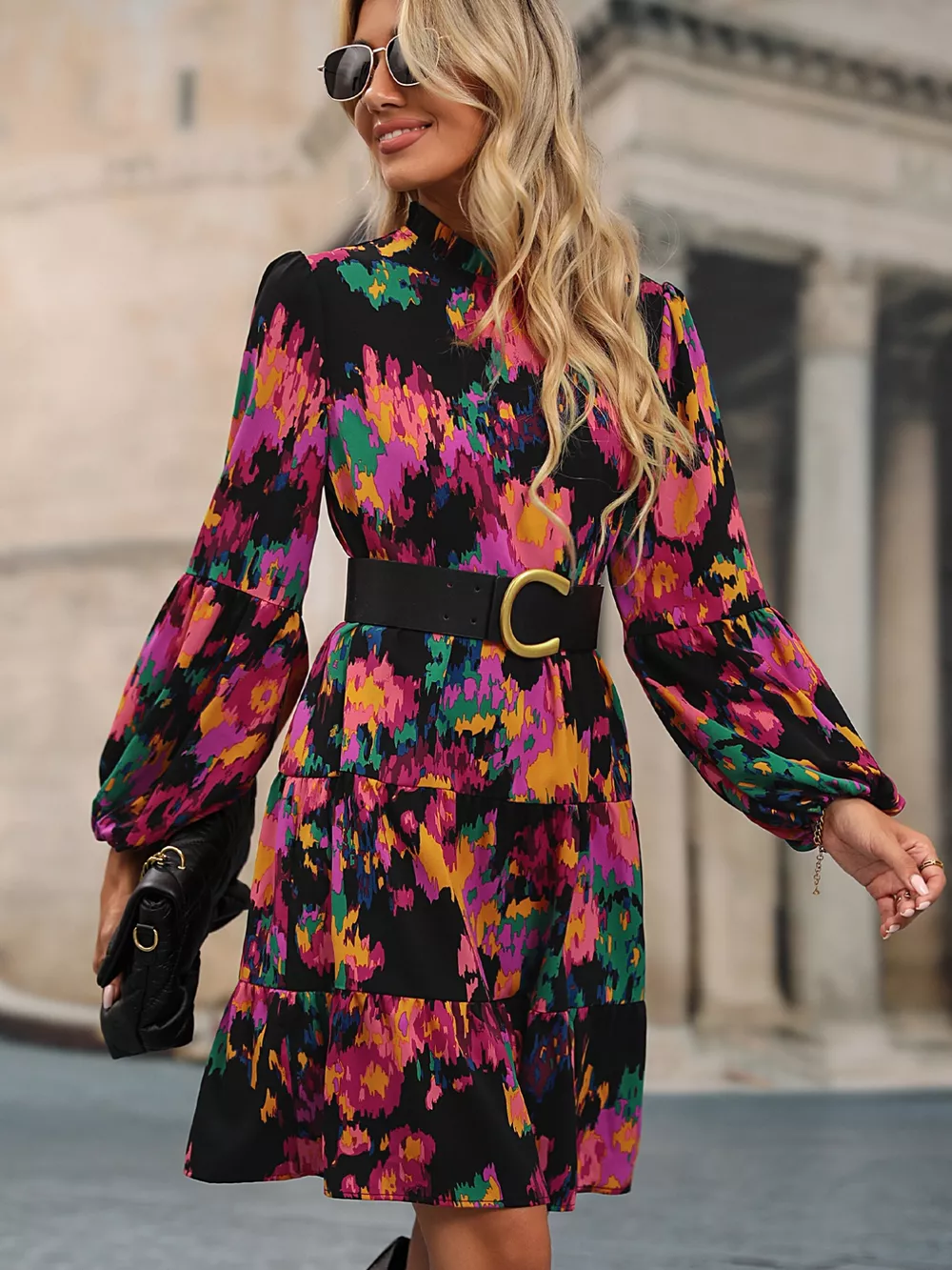Printed Balloon Sleeve Mini Dress, image 3