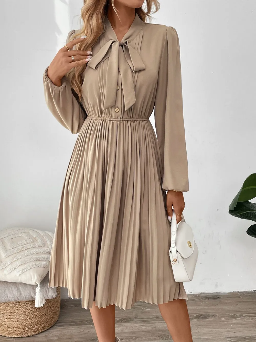 Pleated Tie Neck Long Sleeve Dress, image 2