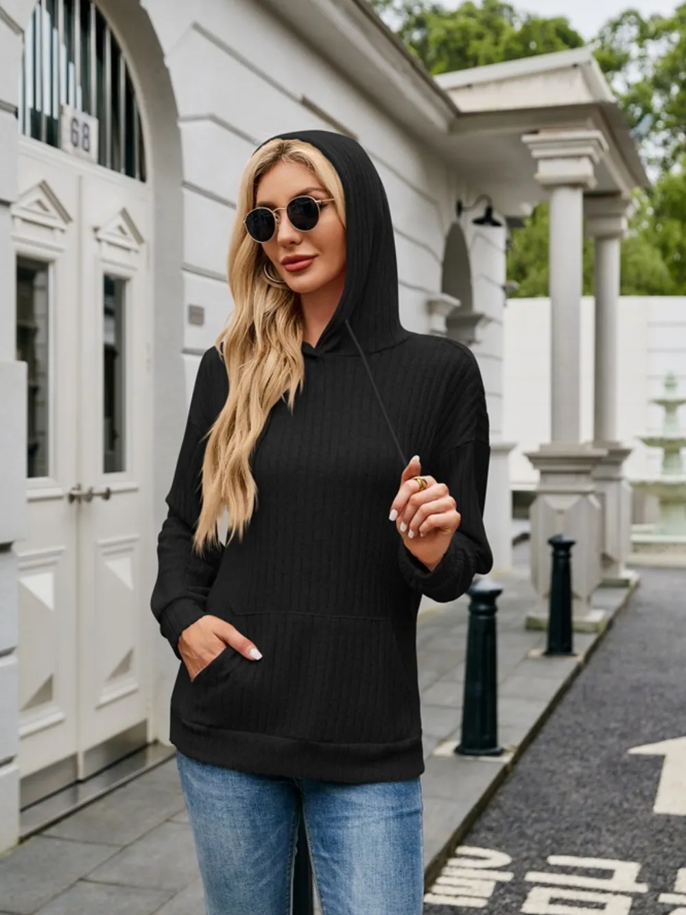 Ribbed Drawstring Long Sleeve Hoodie, image 16