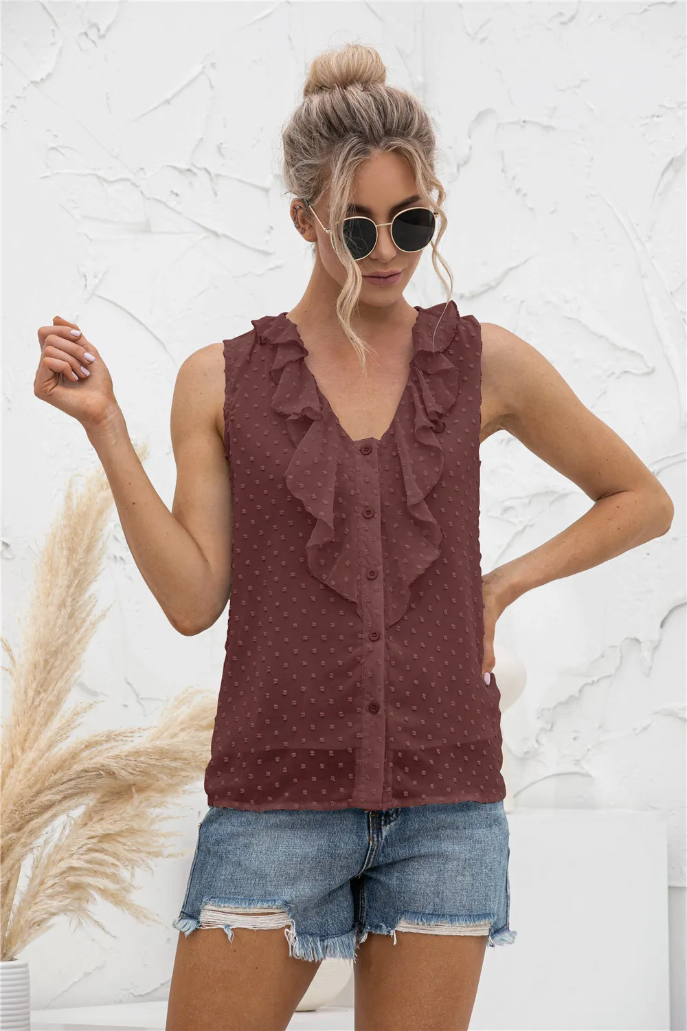 Swiss Dot Ruffled Wide Strap Tank, image 2