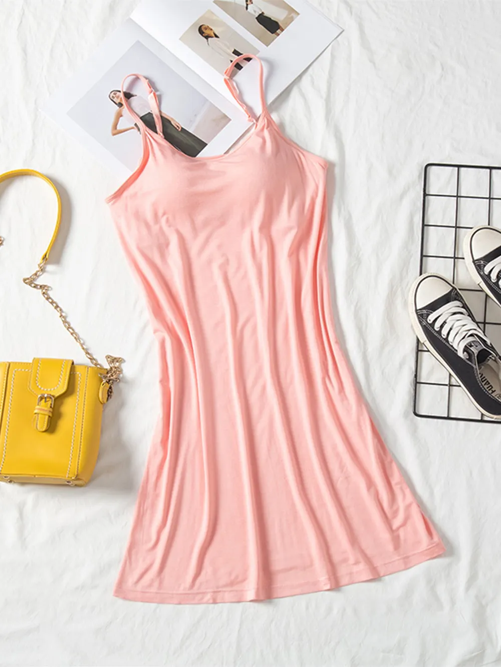 Round Neck Spaghetti Strap Cami Dress with Bra, image 2