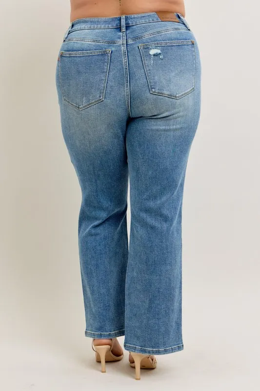 Full Size High Waist Vintage Wash Front Seam & Slit Straight Plus Size, image 2