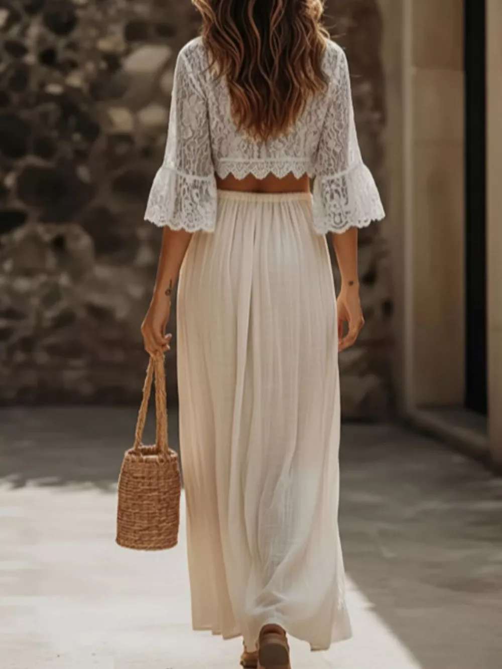 Lace Crop Top and Slit Maxi Skirt Set, image 2