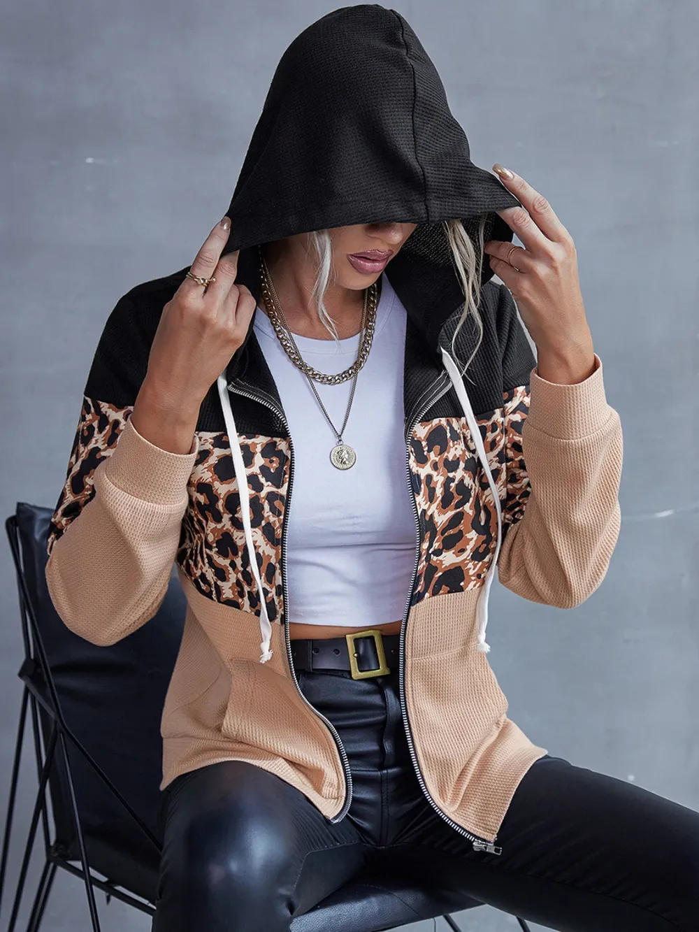 Drawstring Leopard Zip Up Hooded Jacket, image 3