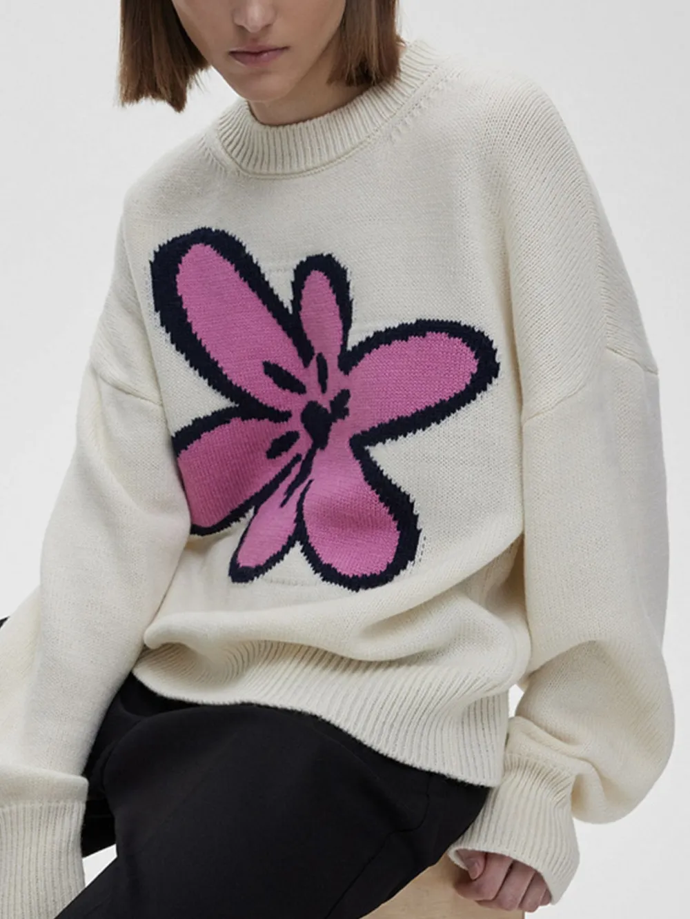 Flower Ribbed Hem Round Neck Sweater, image 2