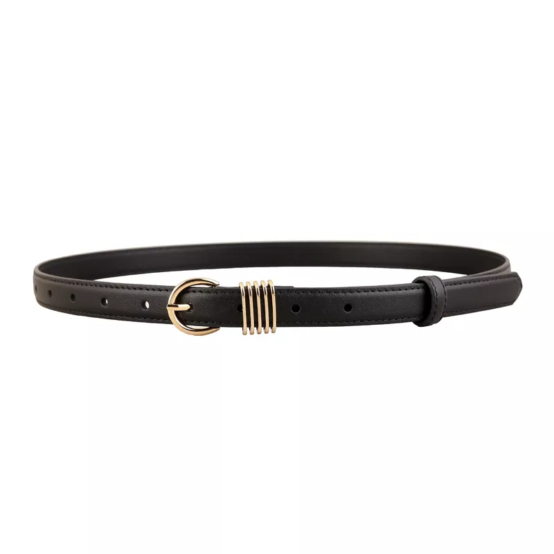 Skinny Leather Belt with Gold Buckle, image 3